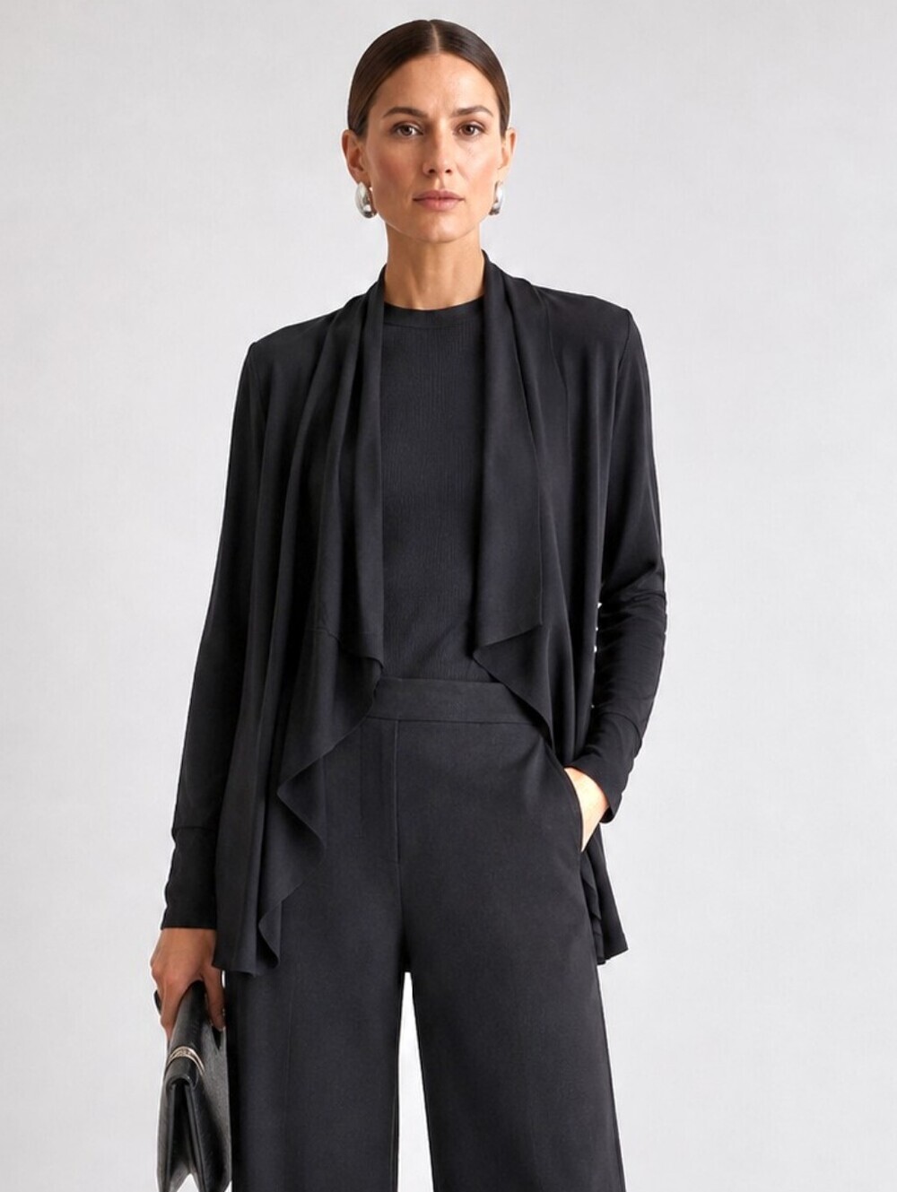 Land's End Black Ribbed Draped Open Cardigan Sweater